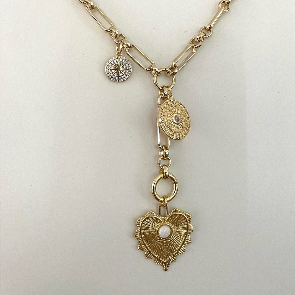 Heart Necklace with Pave Compass Star Charm Medallion